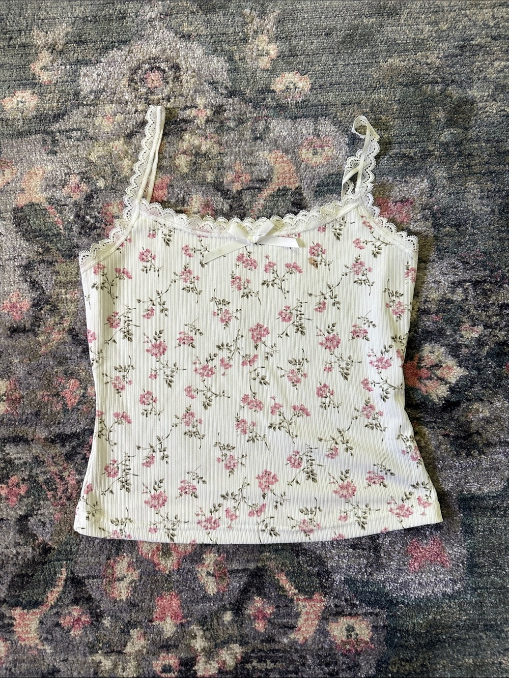 Women's Floral Lace-Trim Cami Tank Top - White & Pink - SHEIN Small - Like New!